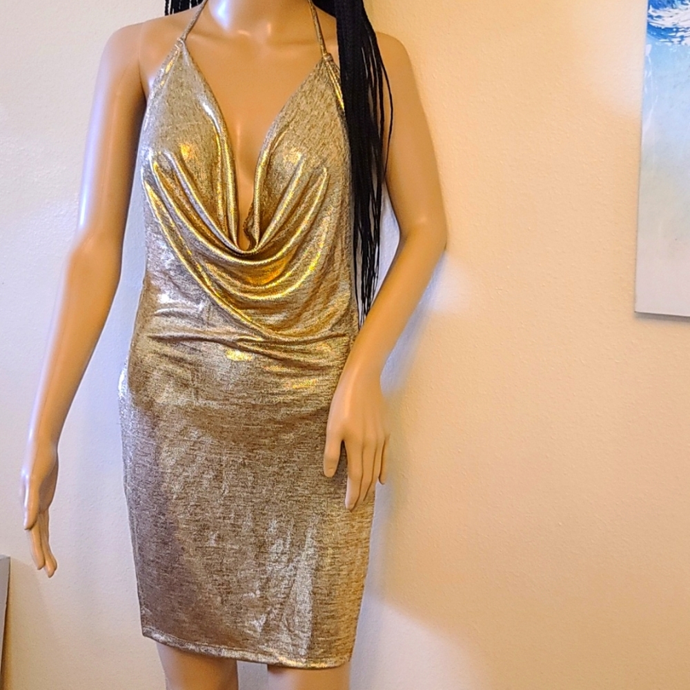 NWOT Sexy Low cut club gold metallic dress